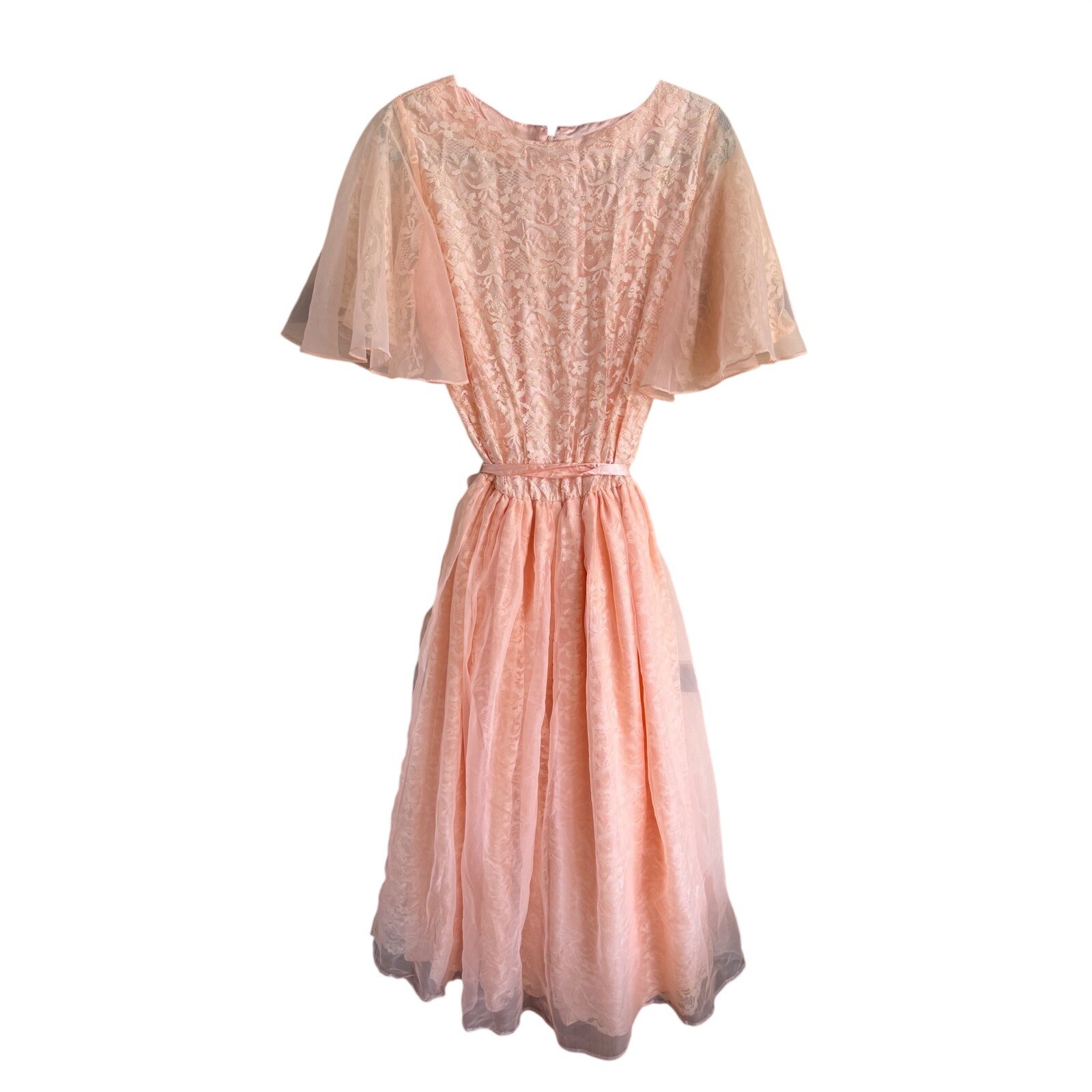 Vintage Peach Lace Maxi Dress Gold Metallic Flutter Sleeve Formal Gown Apricot