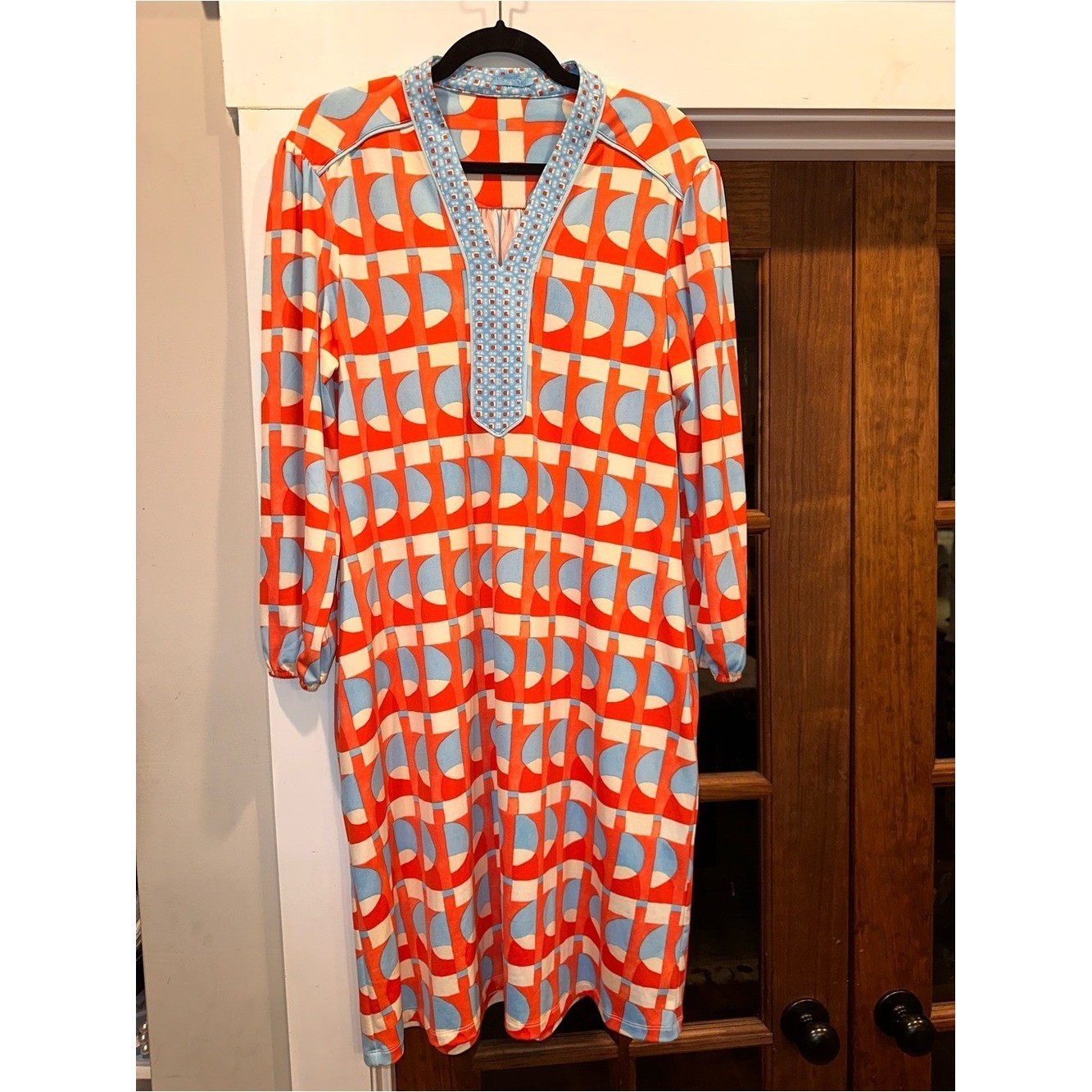 J. McLaughlin Size Large Retro Geometric MIDI Dress in Coral & Light Blue