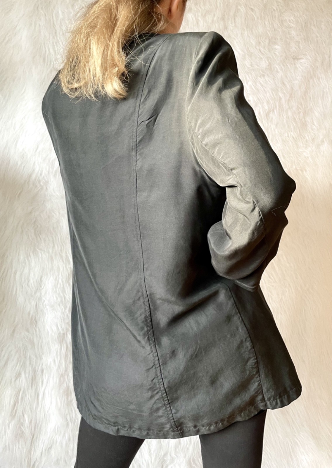 Vtg 80s Jacket 100% Silk Black Jacket Bold Shoulders European Fashion Minimalism