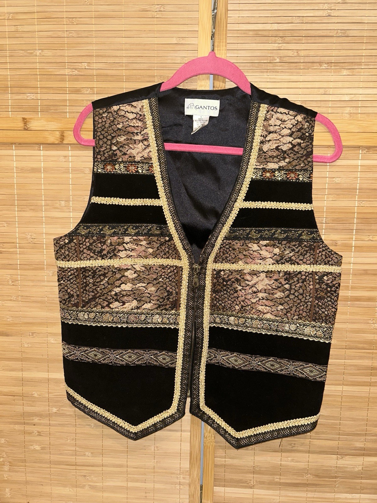 Vintage 90s Gantos Suede Tapestry Vest Womens Medium Black Gold Zip Front