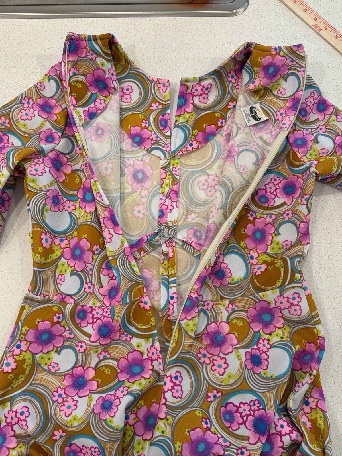 Vintage 60s 70s Psychedelic Hippie Colorful MOD Floral Maxi Dress Sz Large