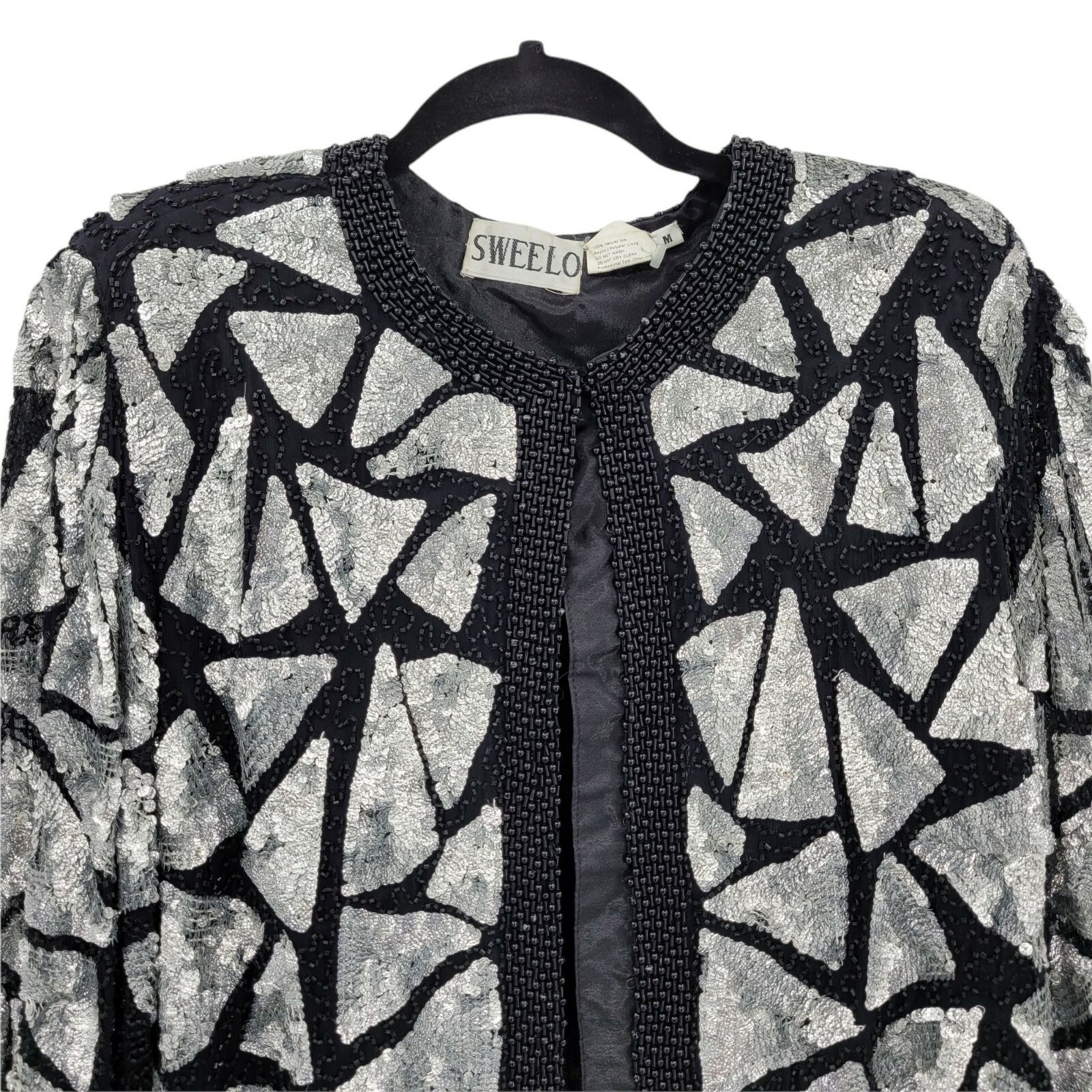 Vintage 80’s Sweelo Blazer M Silk Geometric Black Silver Metallic Sequin Beaded