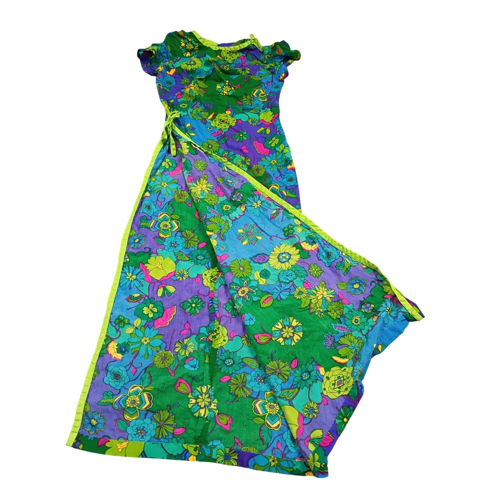 Vintage Made in Hawaii Maxi Dress 10 Green Blue Psychedelic Floral 70s Wrap