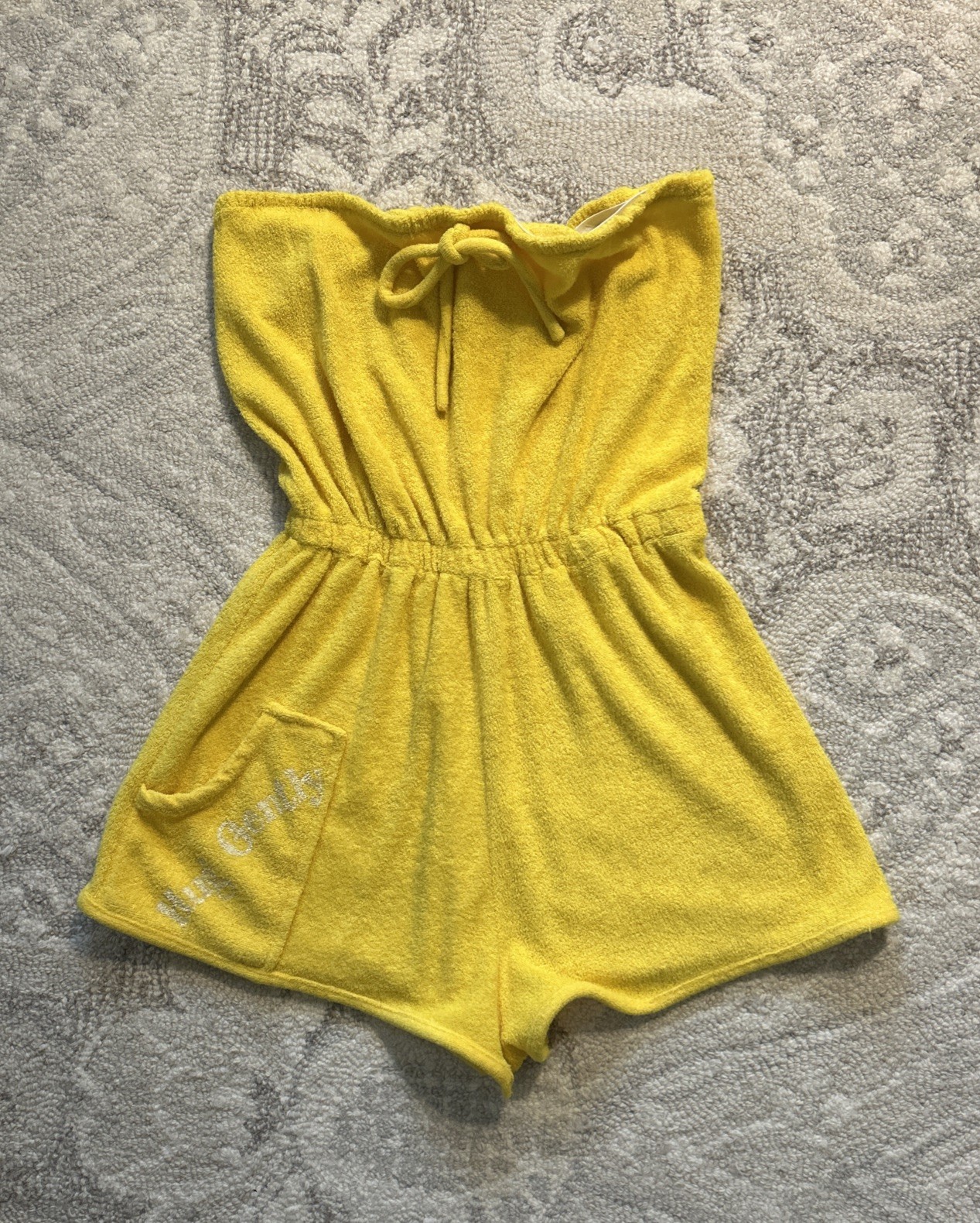 Vintage 1970’s Bright Yellow Strapless Terry Cloth Romper Hug Gently On Pocket