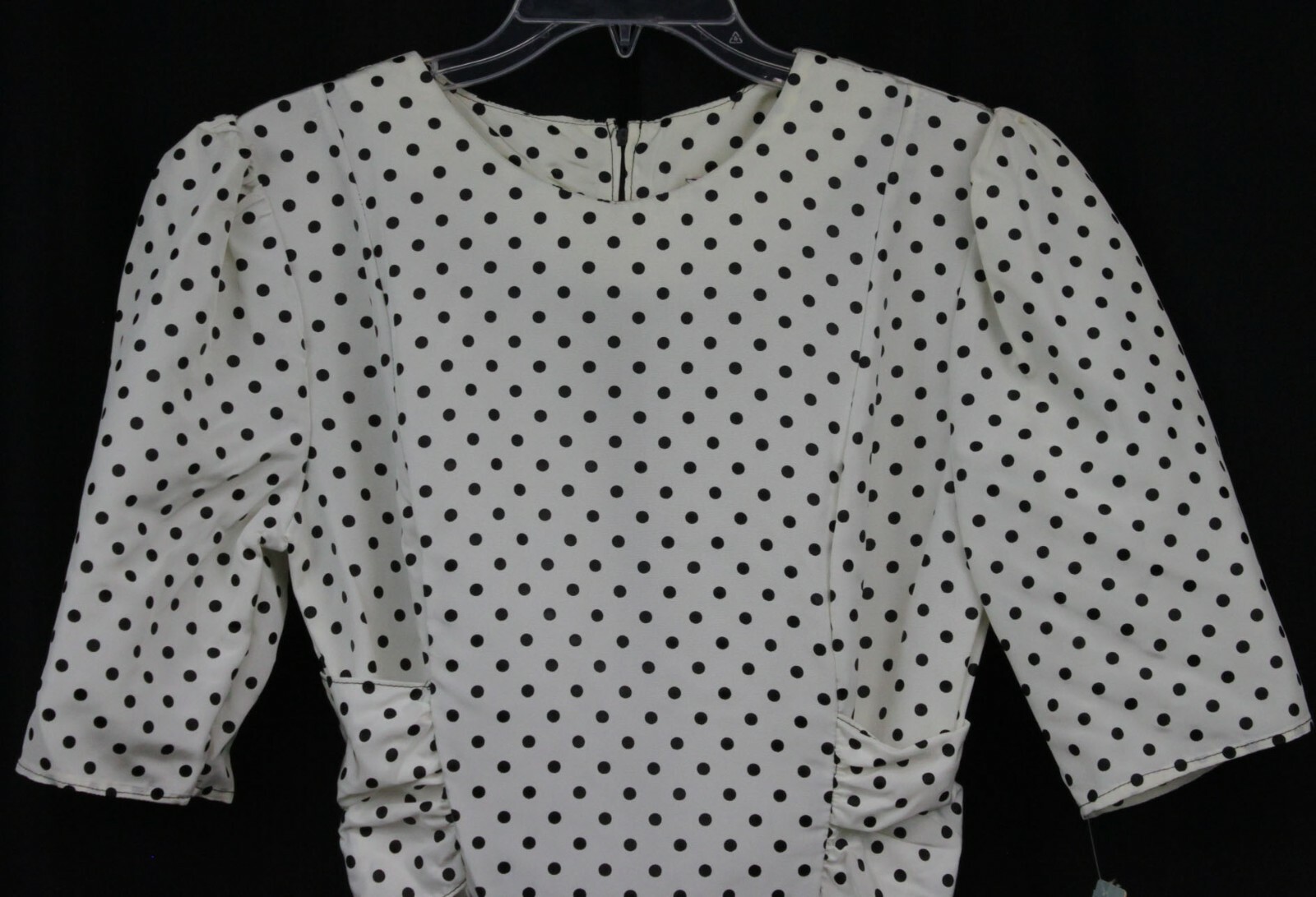 Vtg Diamond’s Run Dress 80s Retro Polka Dots Peplum Pouf Slv Black Wht NOS 11/12