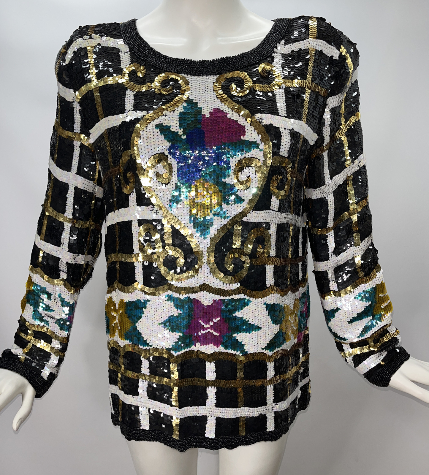 Vtg 80s Sequined 100% Silk Women’s M Jean for Joseph Le Bon Blouse Top Tunic