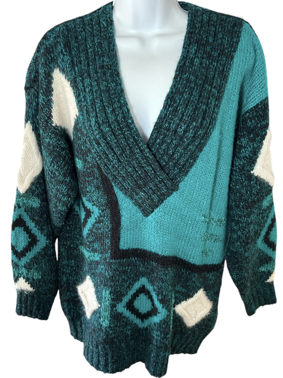 Vtg 80’s 90’s SUSAN D Sweater Size MEDIUM Teal Geo Abstract Chunky Knit V Neck
