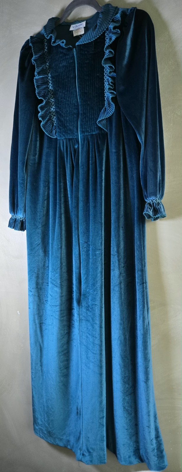 Vintage Teal Velvet Prairie Dress Ruffle Trim Made in USA Cottagecore