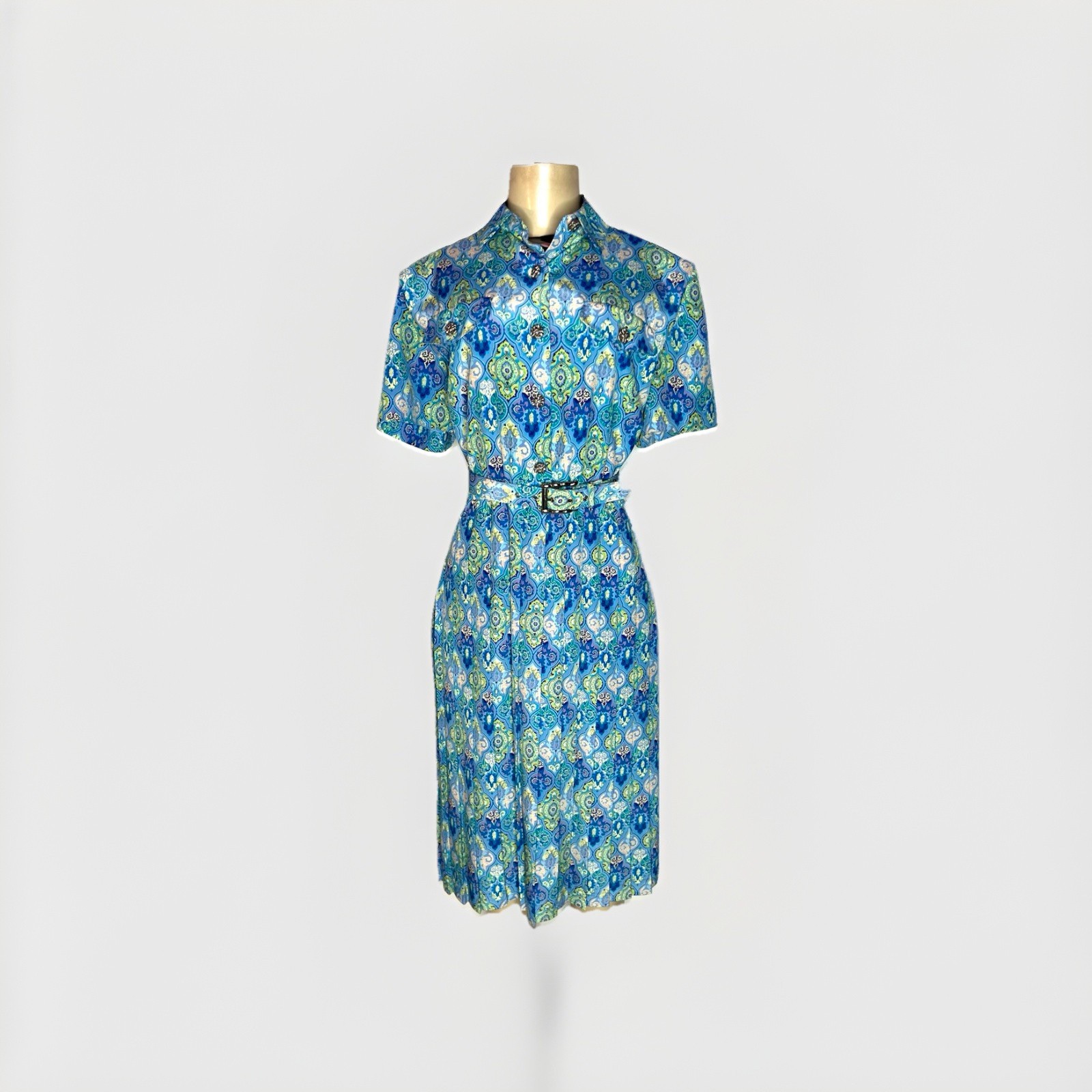 VINTAGE LESLIE FAY BLUE PAISLEY SHORT SLEEVE PLEATED DRESS SZ 12P