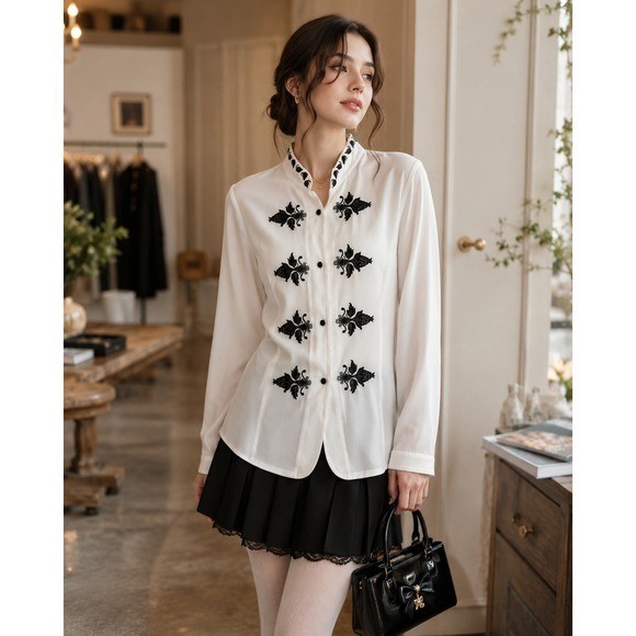 Dress Barn Embroidered Button Down Blouse White M Vintage Vibe