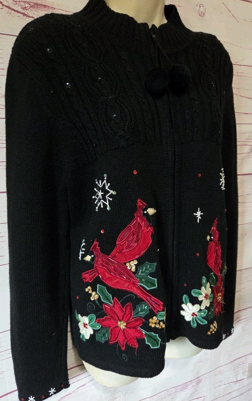 Vtg Tiara Int’l Christmas Zip Cardigan Sweater M Cardinal Snowflake Sequin Beads