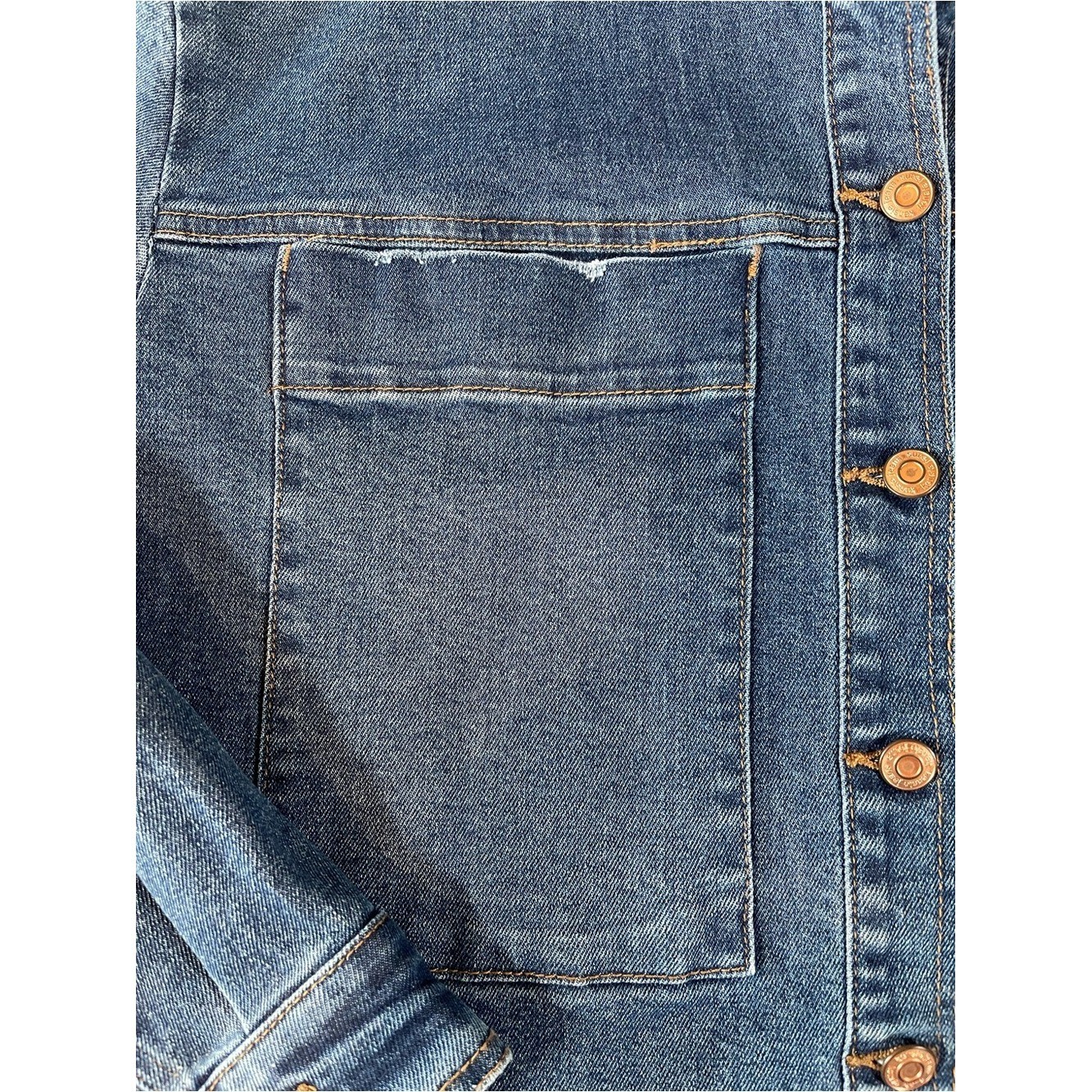 Kensie Women’s Vintage Luxe Medium Blue Boxy Denim Jacket with Chest Pockets