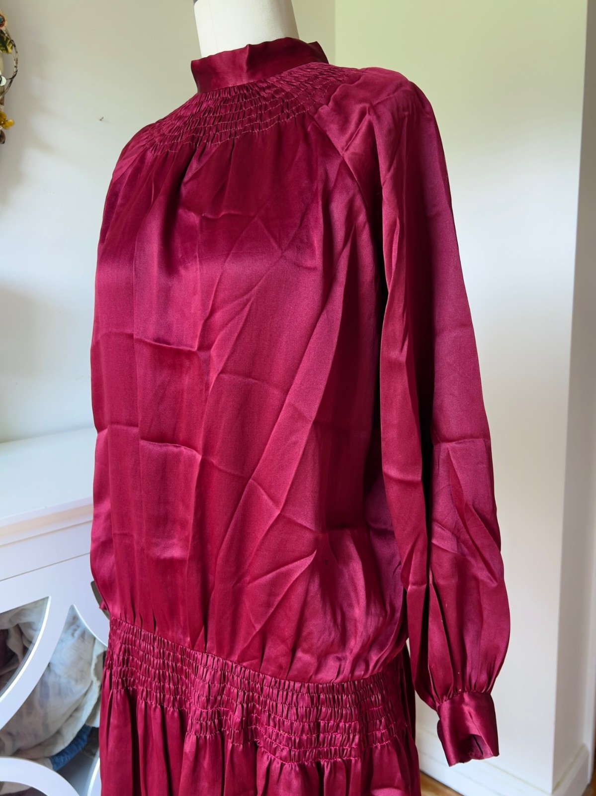 Antique 1920s Silk Drop Waist Dress Wine Red Flapper Long Sleeve Widder Bros SM