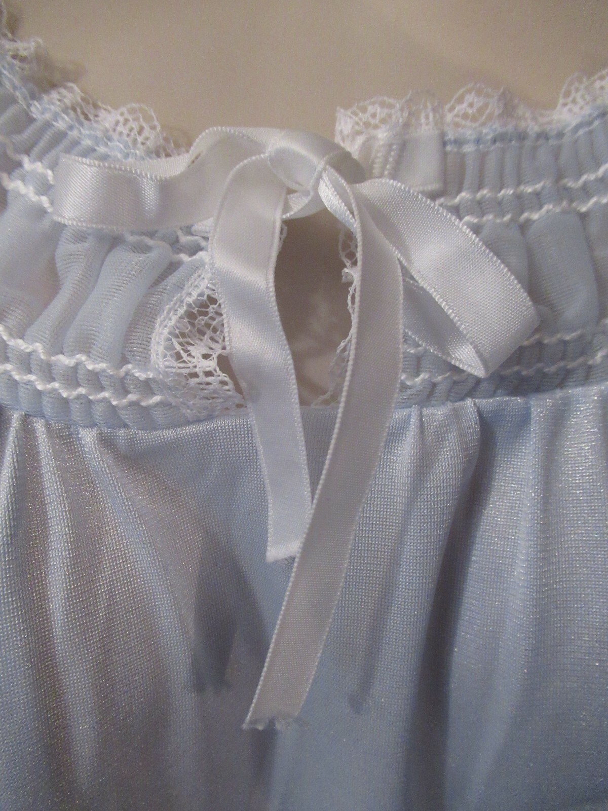 Vintage Spotlight Light Blue Nylon Shimmer Ruched Lace Trim Sleeveless Nighty L