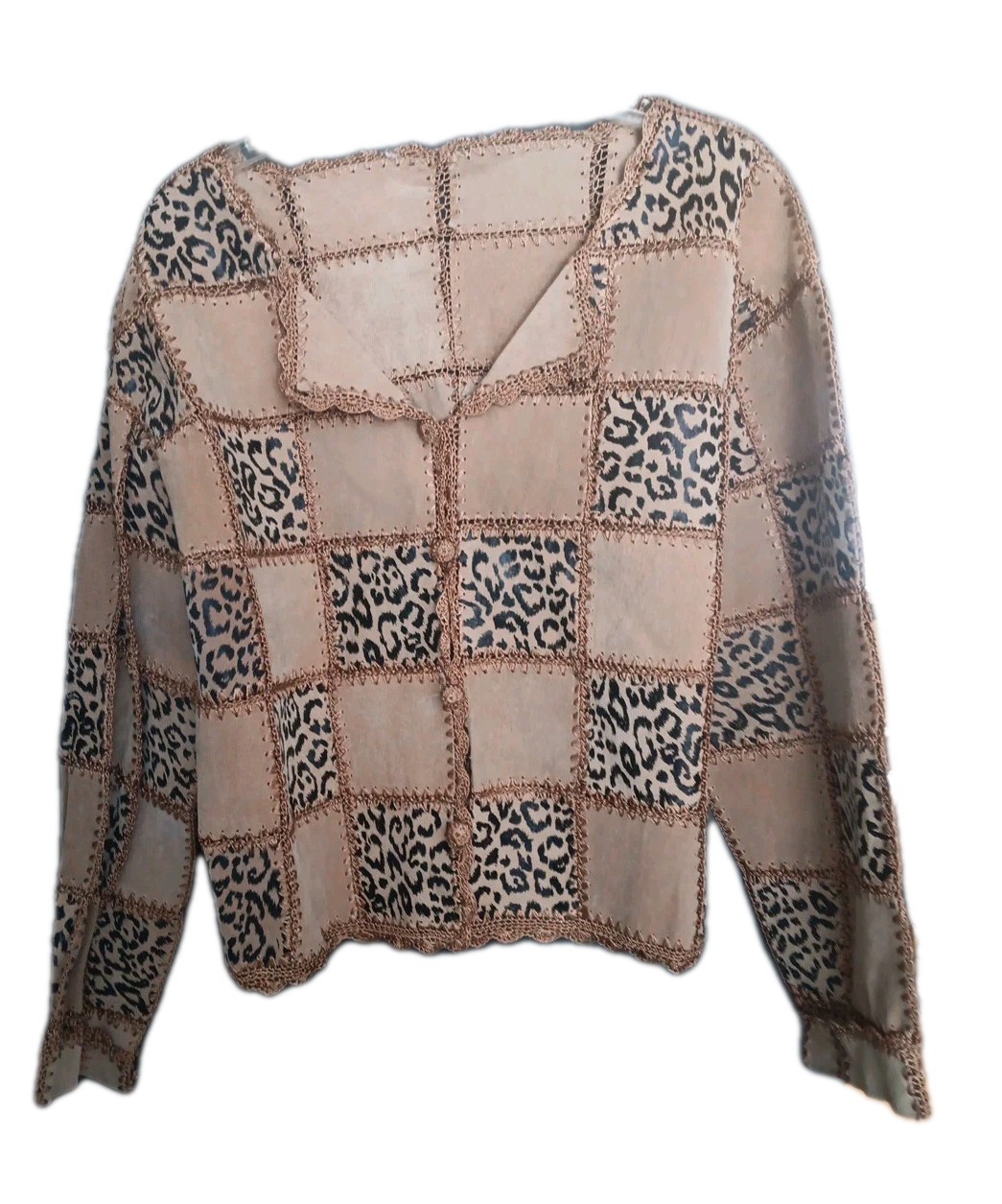 Vintage Brown Suede Leopard Jungle Patchwork Jacket Cardigan M/ L BOHO Animal
