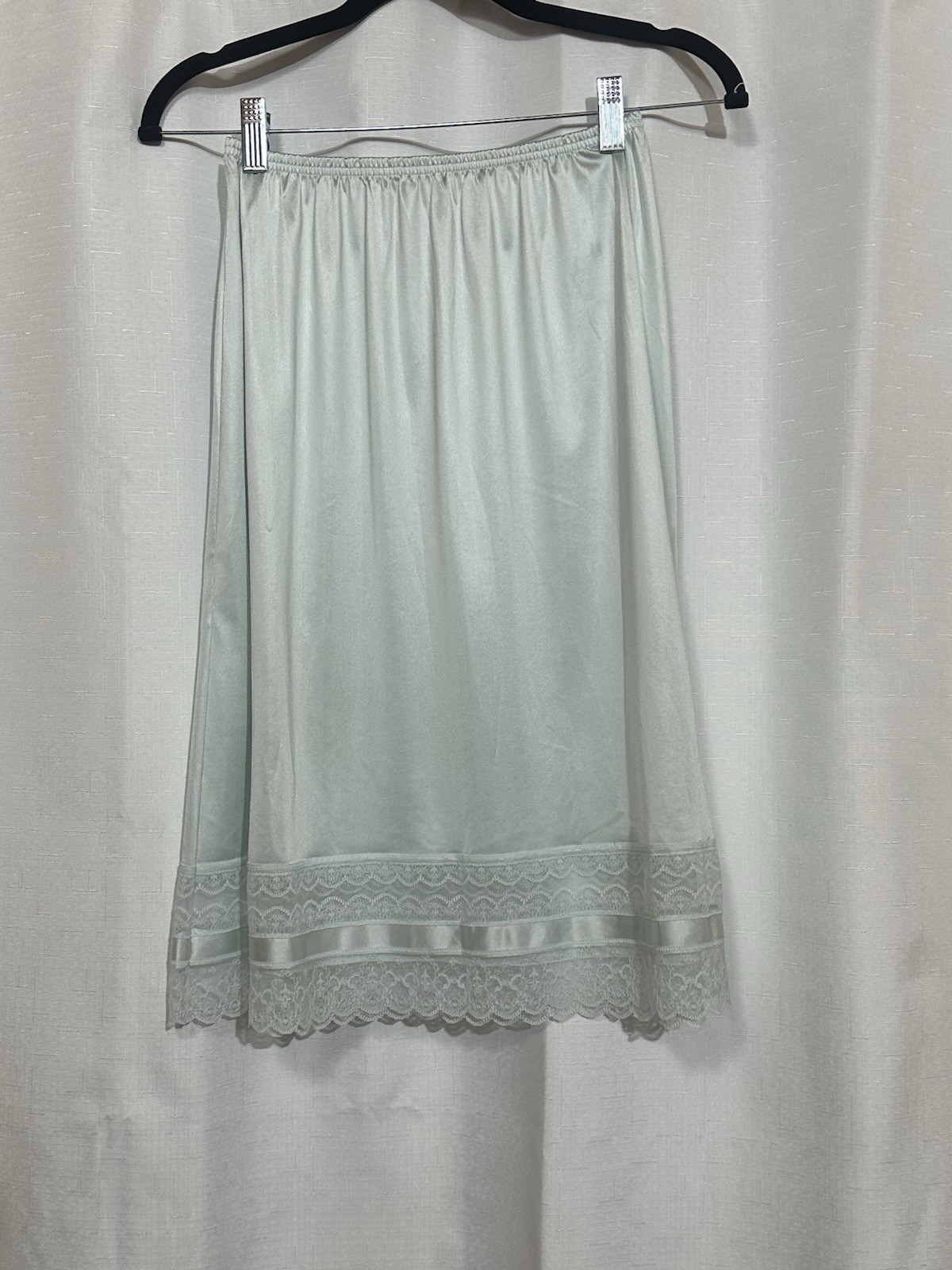 Vtg Vanity Fair Half Slip S Long Ice Blue Antron III Nylon Lace Trim Made USA