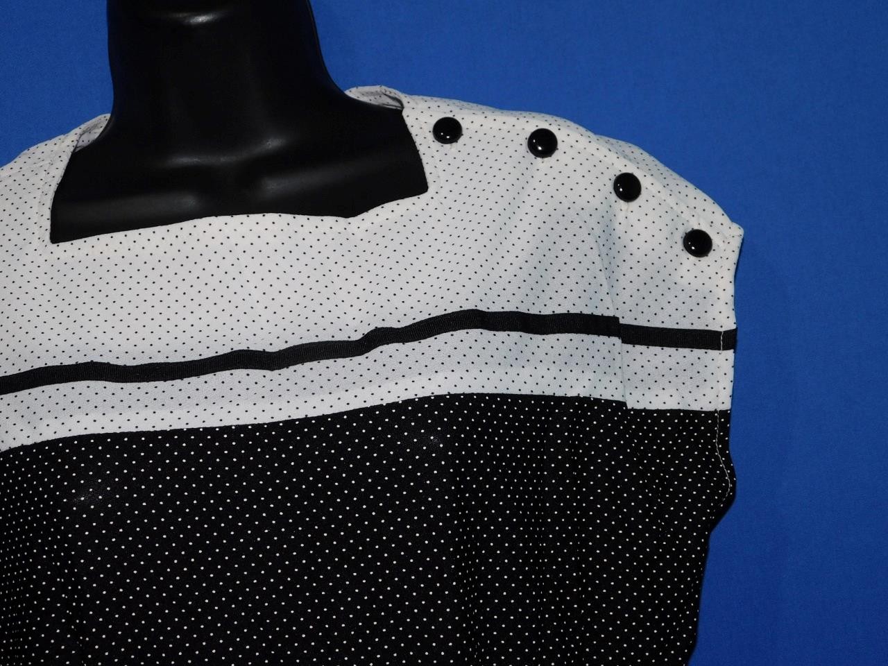 Vintage Sears S M Black White Polka Dot Stripe Shift Dress Short Cap Sleeve Knee