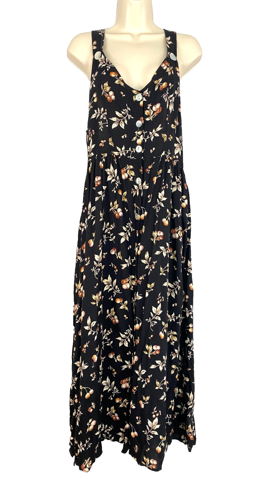 Vintage 1990s black cherry maxi dress S M jumper sleeveless rayon novelty print