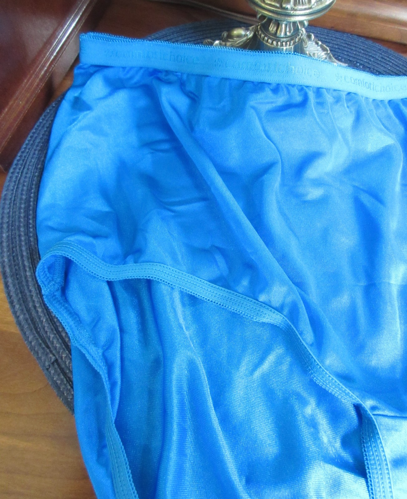 WIDE GUSSET silky sheer nylon JEWELL BLUE SISSY HI CUT panties brief 10 / 3X