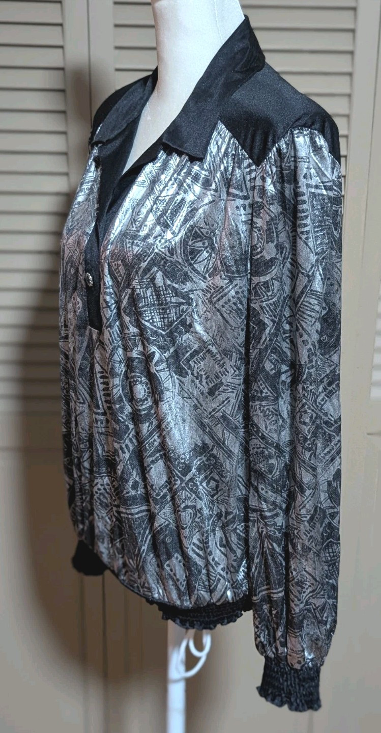 Vtg 80s Lori of CA Casuals Blouse Top Shirt Black And Silver Metallic Disco 12