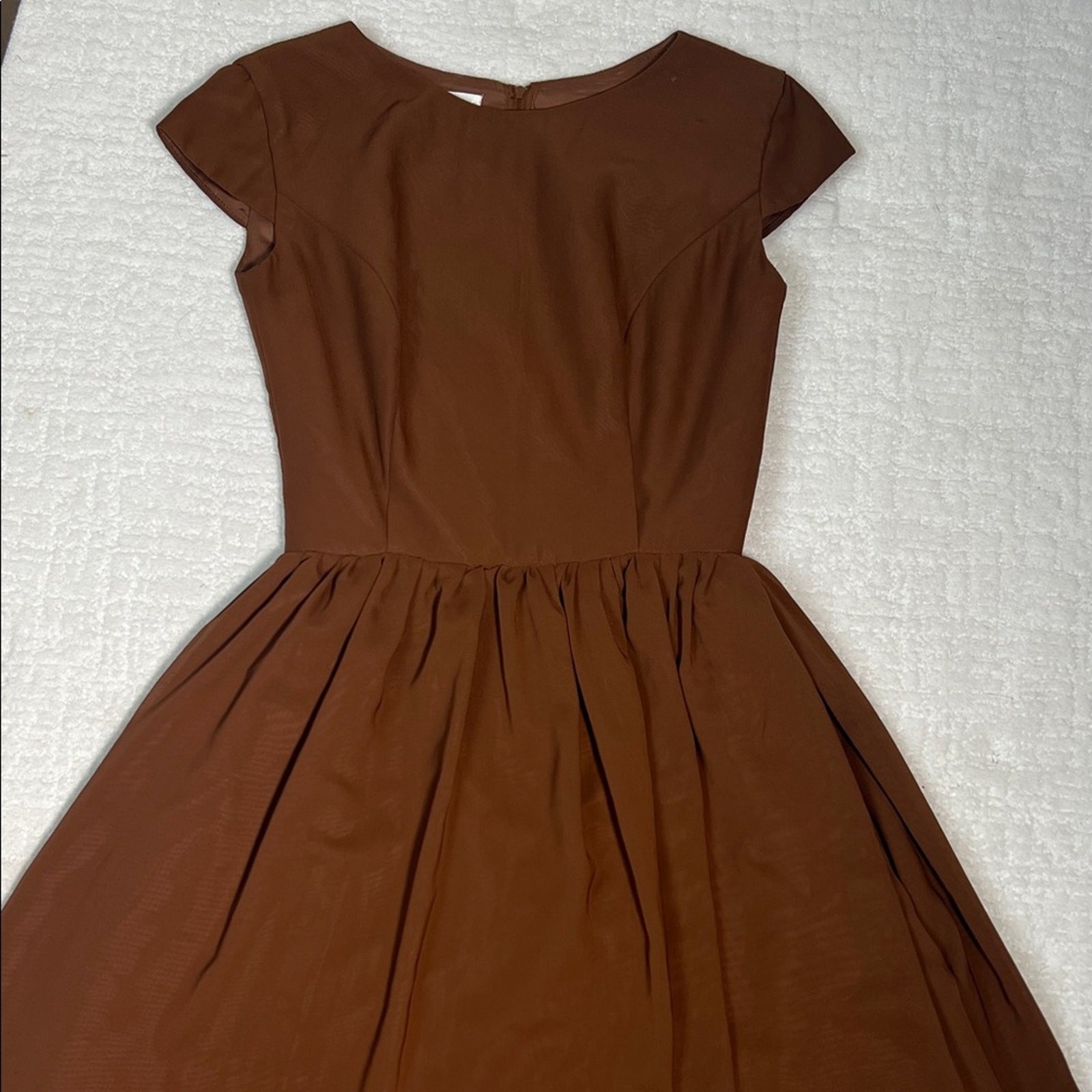 Vintage Dress First brown fit flare layered short cap sleeves covered buttons 2