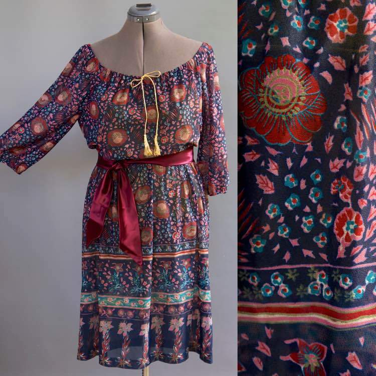 VTG 70s Tabby Hippie Festival Boho Peasant Dres Elastic Off Shoulder Collar L
