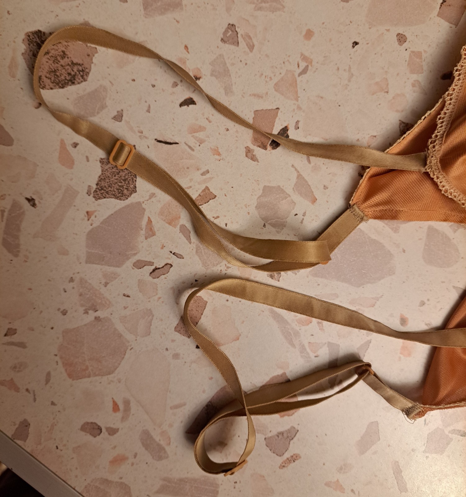 Vtg 70s Lorraine Pin Up Slip Dress 32 Golden Bronze Nylon Lace Floral Appliques