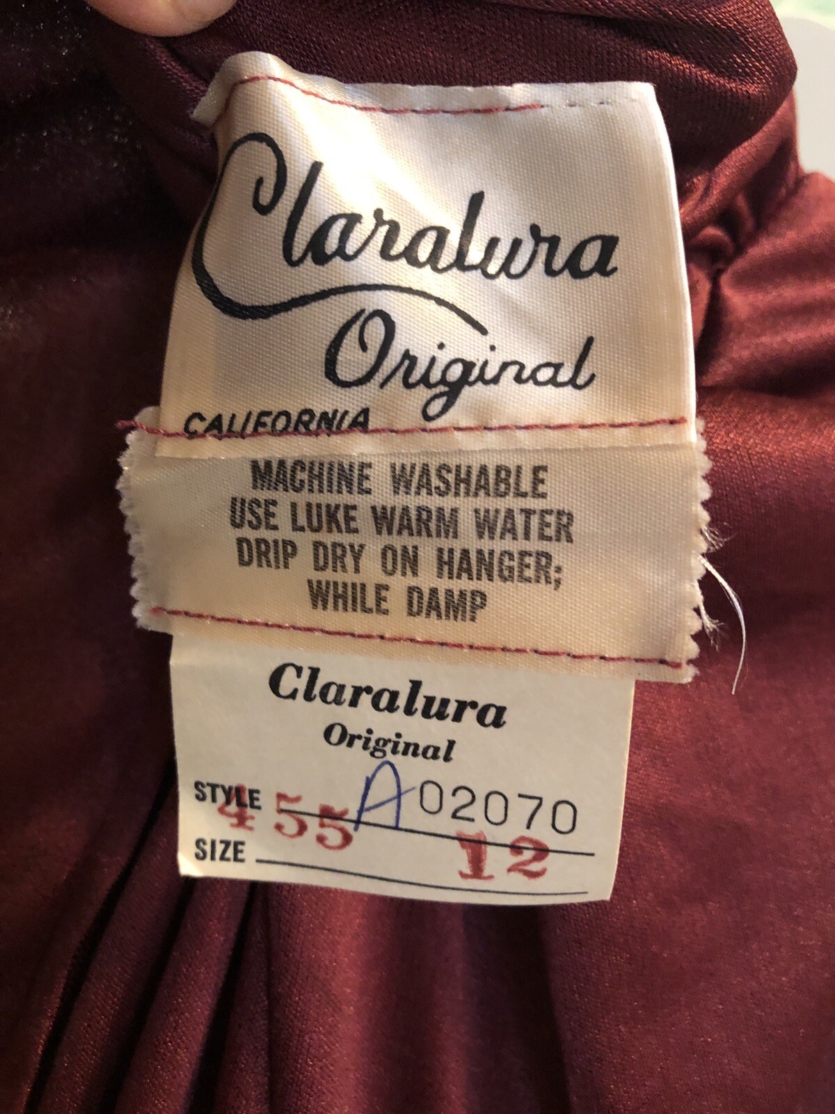 VTG ClaraLura DRESS Burgundy Ruched Long Sleeve Maxi Dress Sz 12