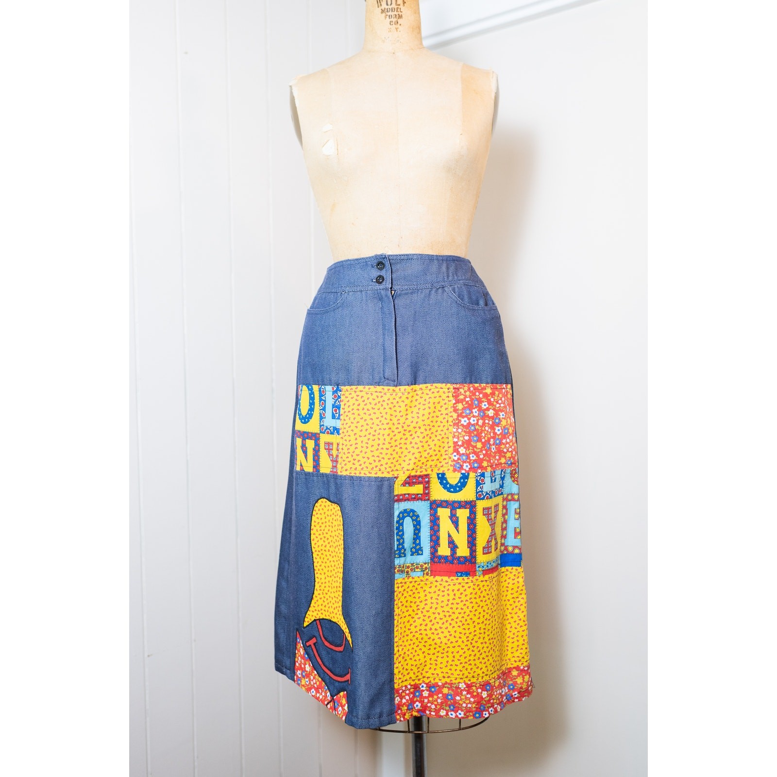 Vintage 70s Patchwork Alphabet Skirt, Colorful Chambray A-Line, Boho Artsy Small