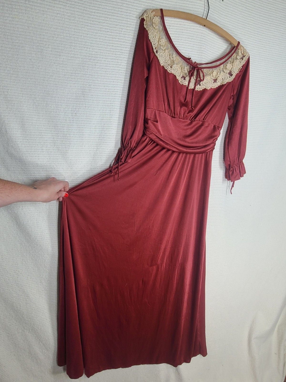Vintage 1970s Long Dress 14 L Burgundy Liquid Knit Lace Mesh Bust Poly Union Tag