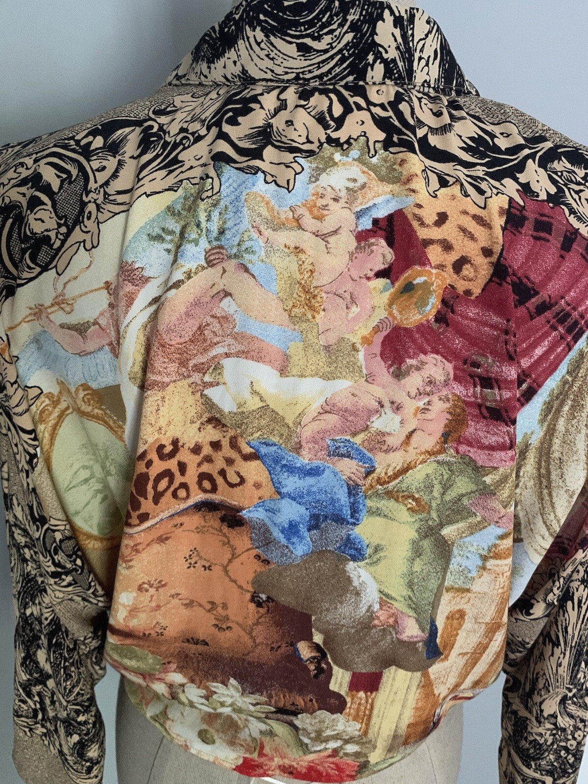 Vintage 80s Victorian Rococo Print Top Cherubs Cathedral Filigree Gothic Boho M