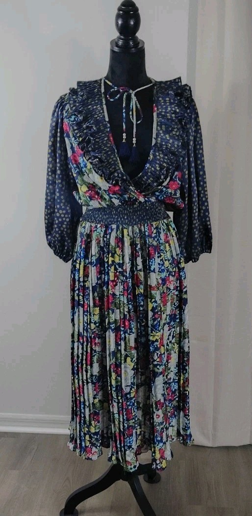 Vtg 80s Indigo Lites Boho Accordion Pleat Midi Dress Diane Freis Style One Size