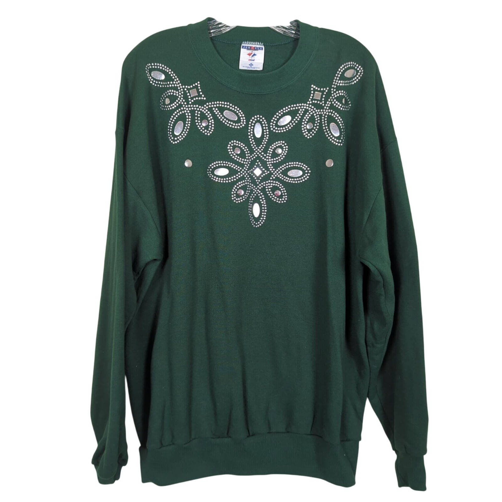 Vintage Jerzees Activewear Sweatshirt XL Green Rhinestone Embellished Crewneck