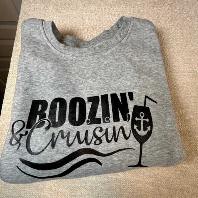 Boozin’ & Cruisin’ Heather Gray Pullover Crewneck Sweatshirt LG Cruise Vacation