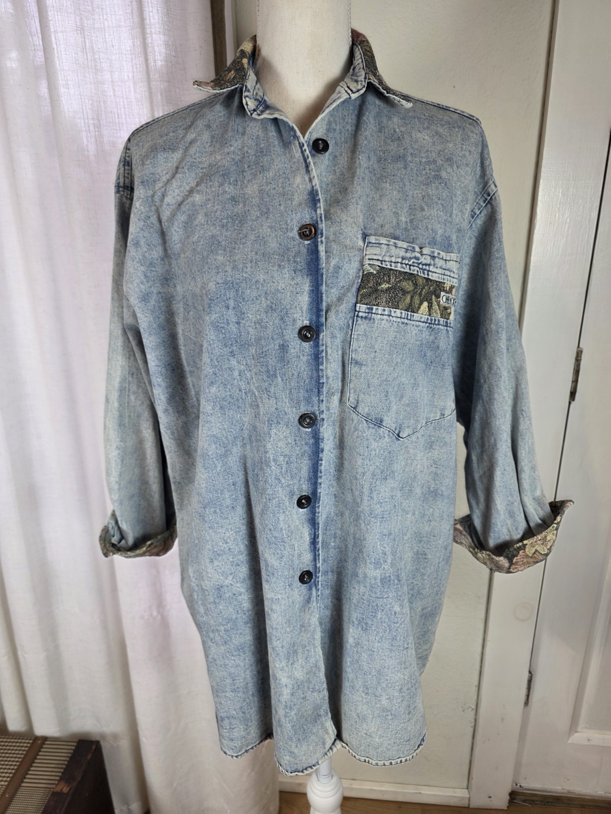 Vintage Cherokee Denim Shirt Size 8 Womens Acid Wash Tapestry Button Down 80s