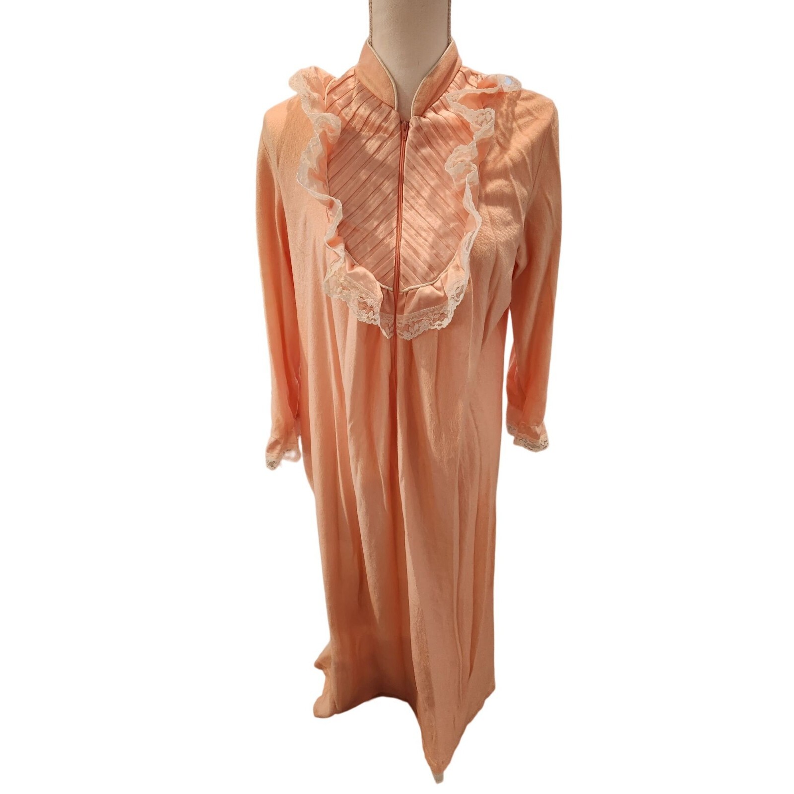 Vintage 80s Suzanne Beth Coral Pink Half Zip Fleece Robe Satin Lace M