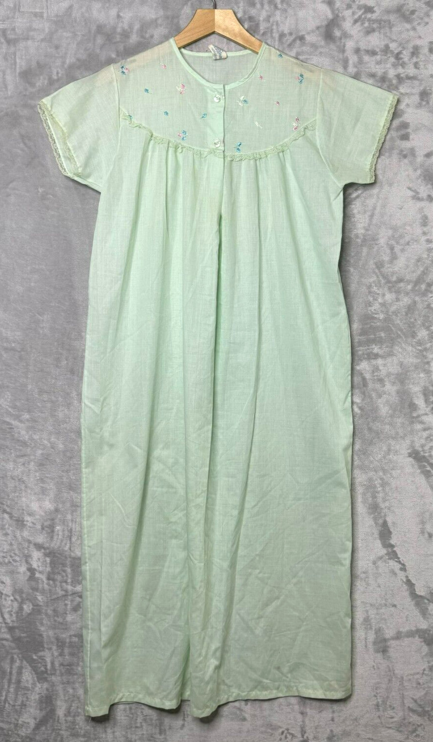 Vintage Katz Shift Gown Lingerie Green Medium Embroidered Lace Short Sleeve Midi