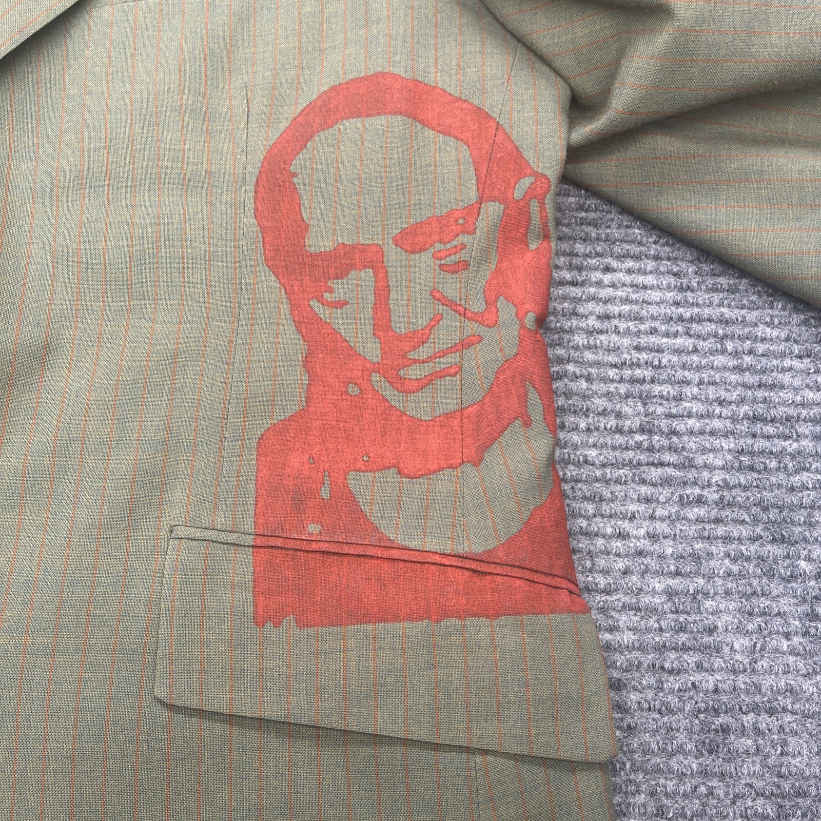 Vtg 70s Green Red Pinstriped Sport Coat Deconstructed Face Graphic 38R Lyncraft