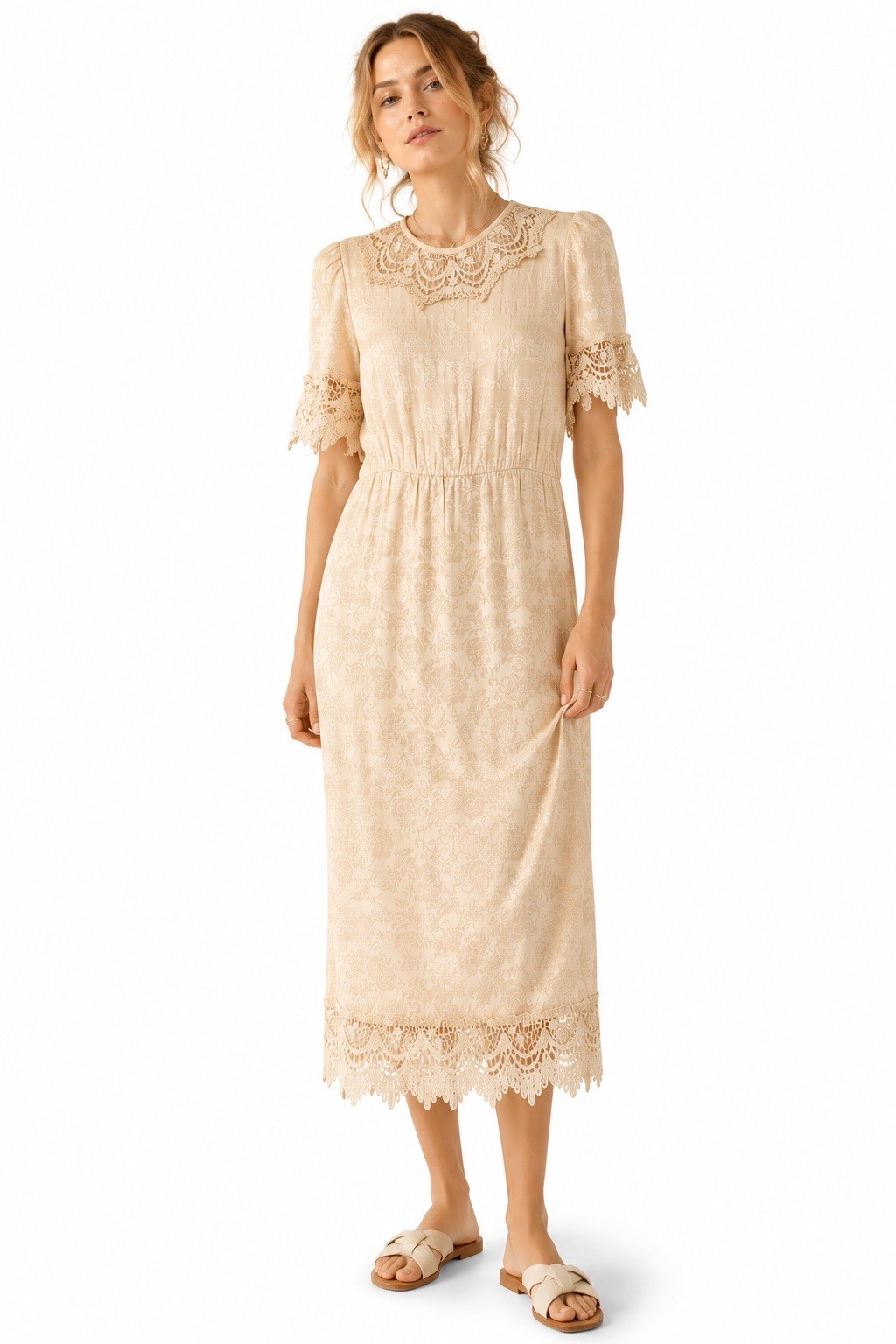 vintage 80s COTTAGECORE DRESS midi peach SMALL lace prairie romantic feminine