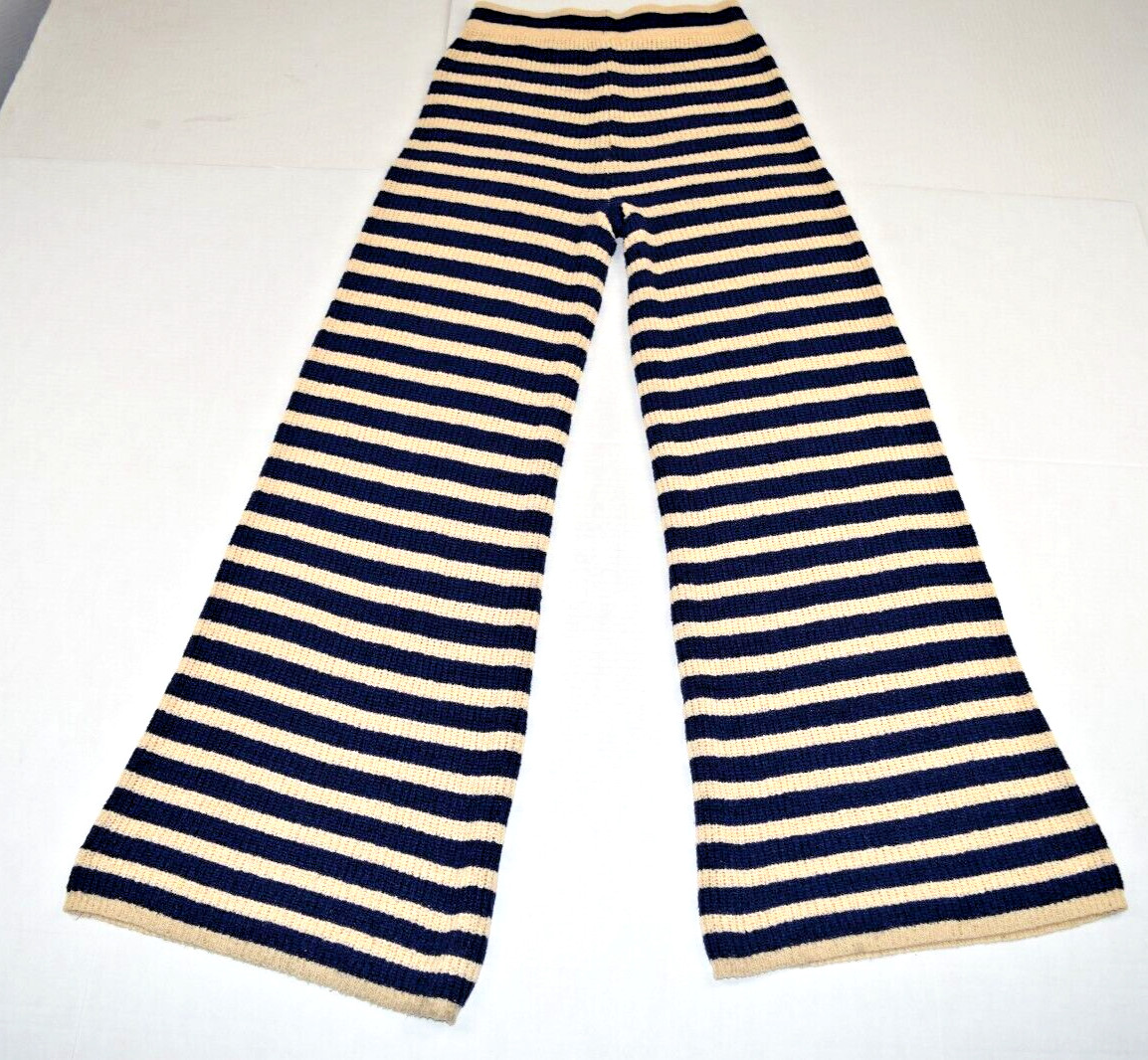 VTG Knit Pants Size S/M 90s Beige Navy Blue Horizontal Stripes Flared High Waist