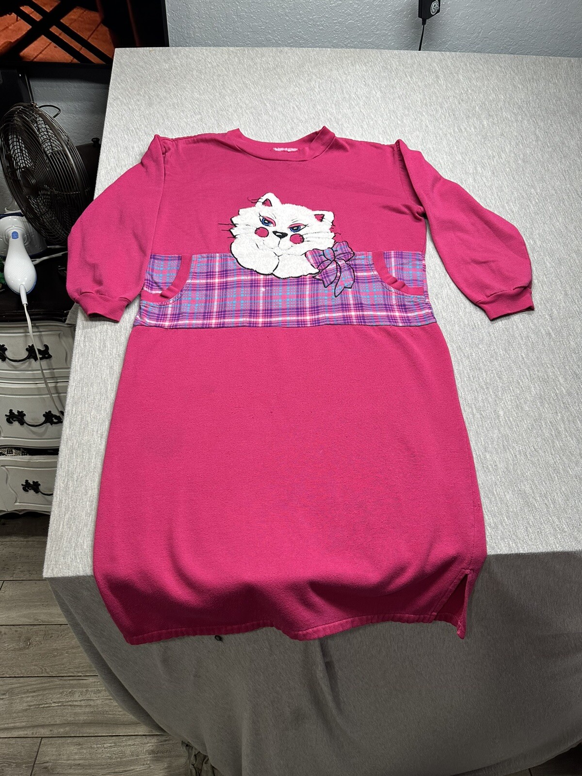 VTG 80s/90s Beth Micheals Pink & Plaid Long Sleeve Fuzzy Cat Nightgown Size M/L