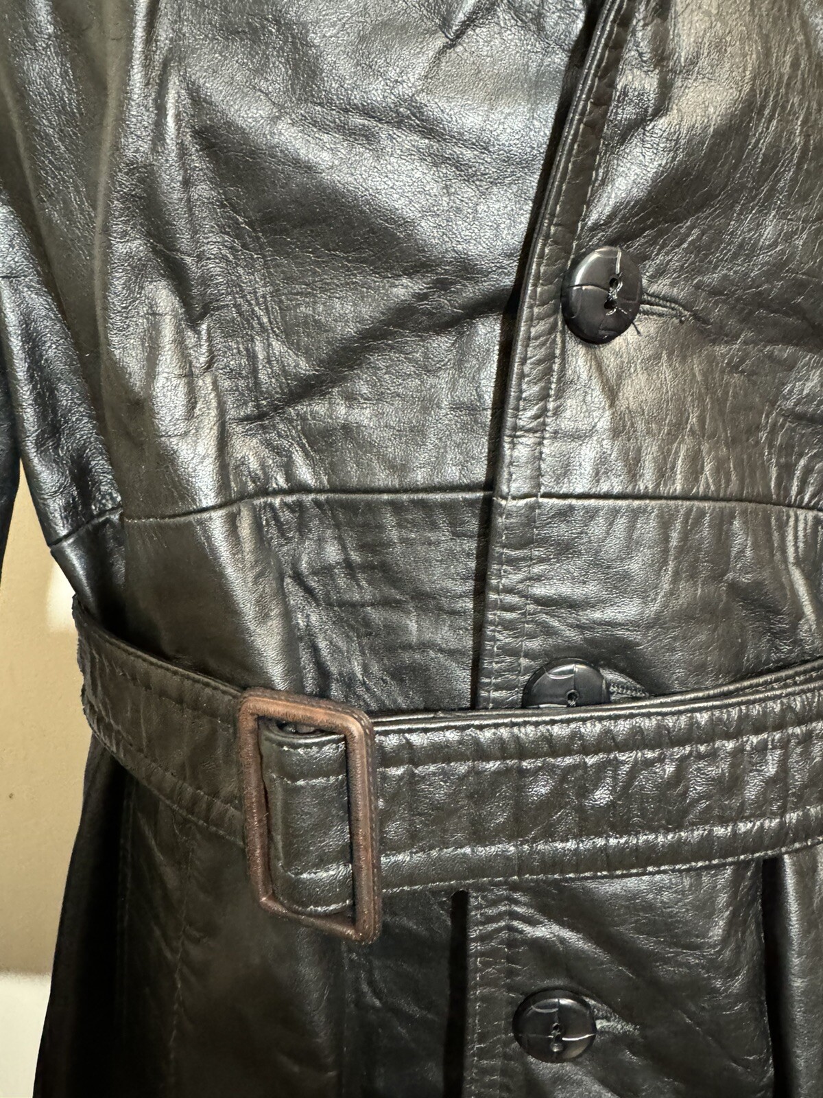 Leather Coat Made In Argentina Vintage Long Trench Black Lined Mob Wife Med