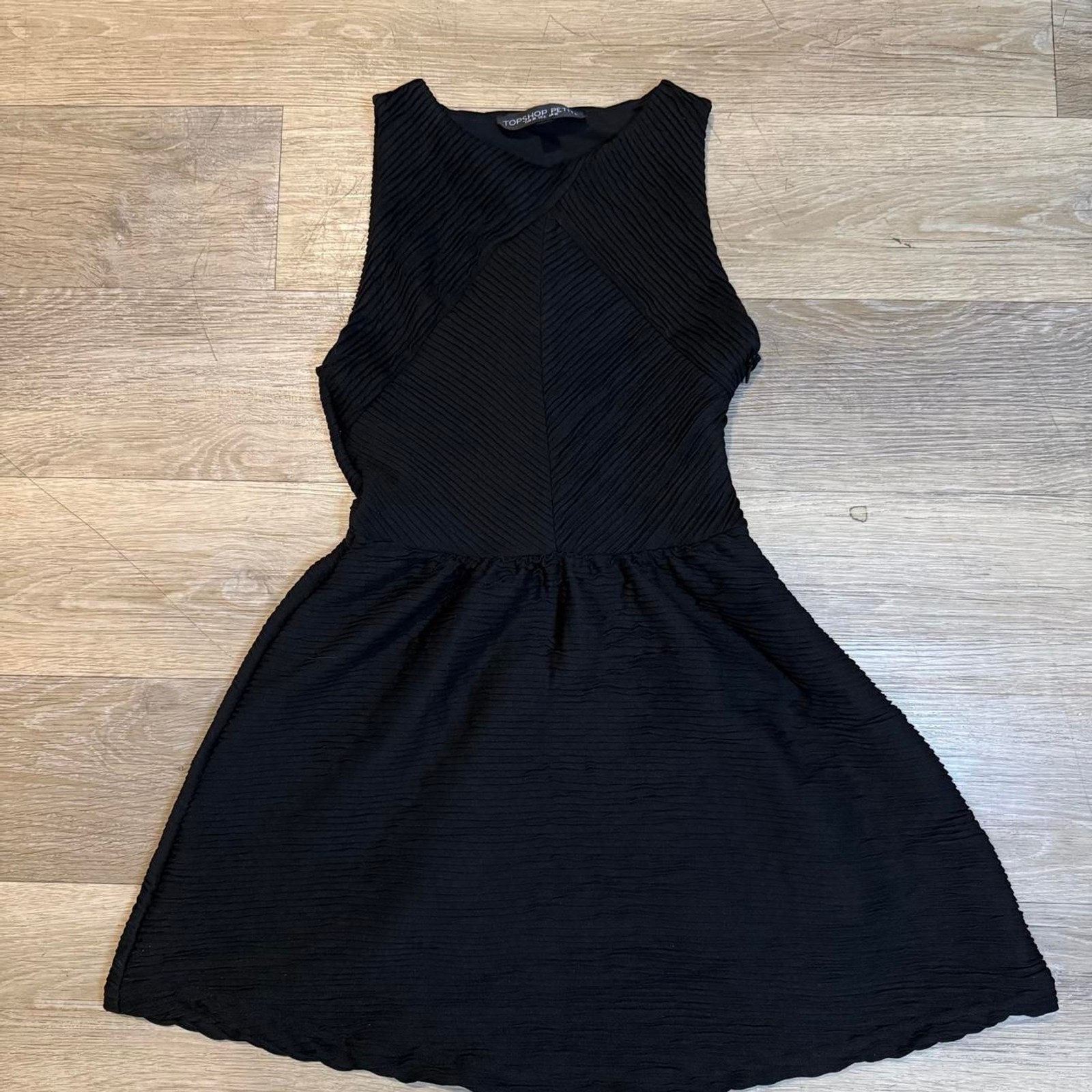 Topshop Petite Halter Flare Black Crepe Mini Skater Dress US [6] LBD Pleated