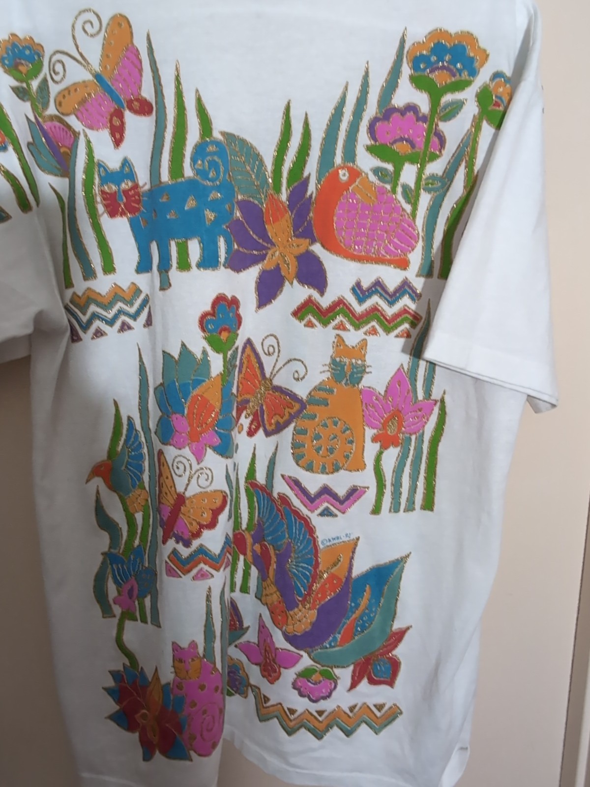 Vintage 80s/90s White T-Shirt Colorful Beaded Glitter Animal & Floral Design M/L