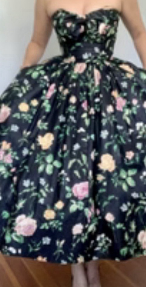 Vintage 80s Cottage Core Black Floral Prom Party Dress Gilbert-Pavell Size 4