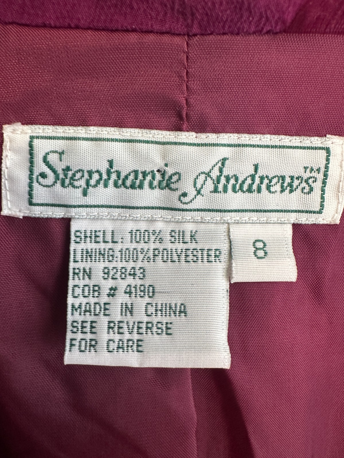 Vintage 100% Silk Stephanie Andrews Womens Size 8 Dress Suit Jacket Magenta 2 Pc