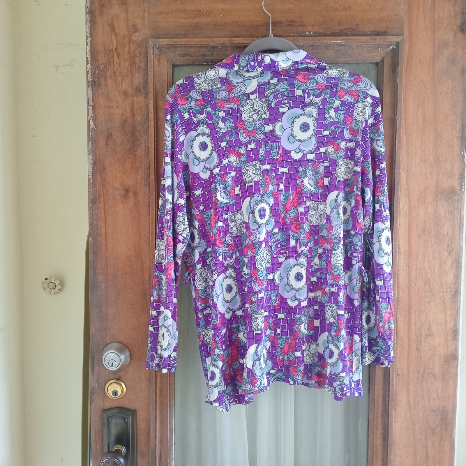 Vintage 70s Purple Pink Abstract Blouse Top Mod Hippie GoGo Boho S/M