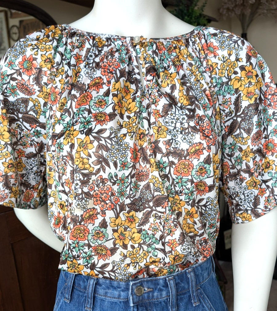 Vtg 70sBohemian Boho botanical floral Festival top shirt short sleeve Orbit L
