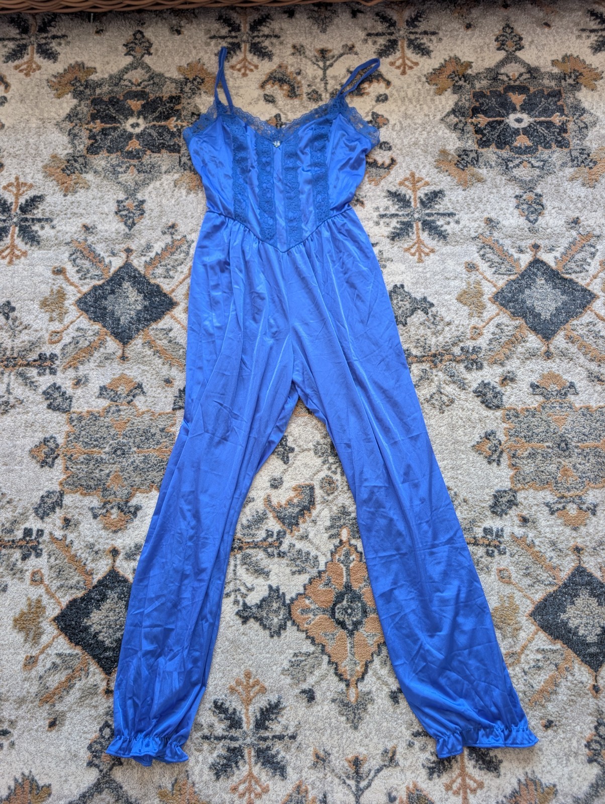 Vintage Lady Cameo Blue Nylon Lingerie Romper Jumpsuit Bodysuit Sheer 70s