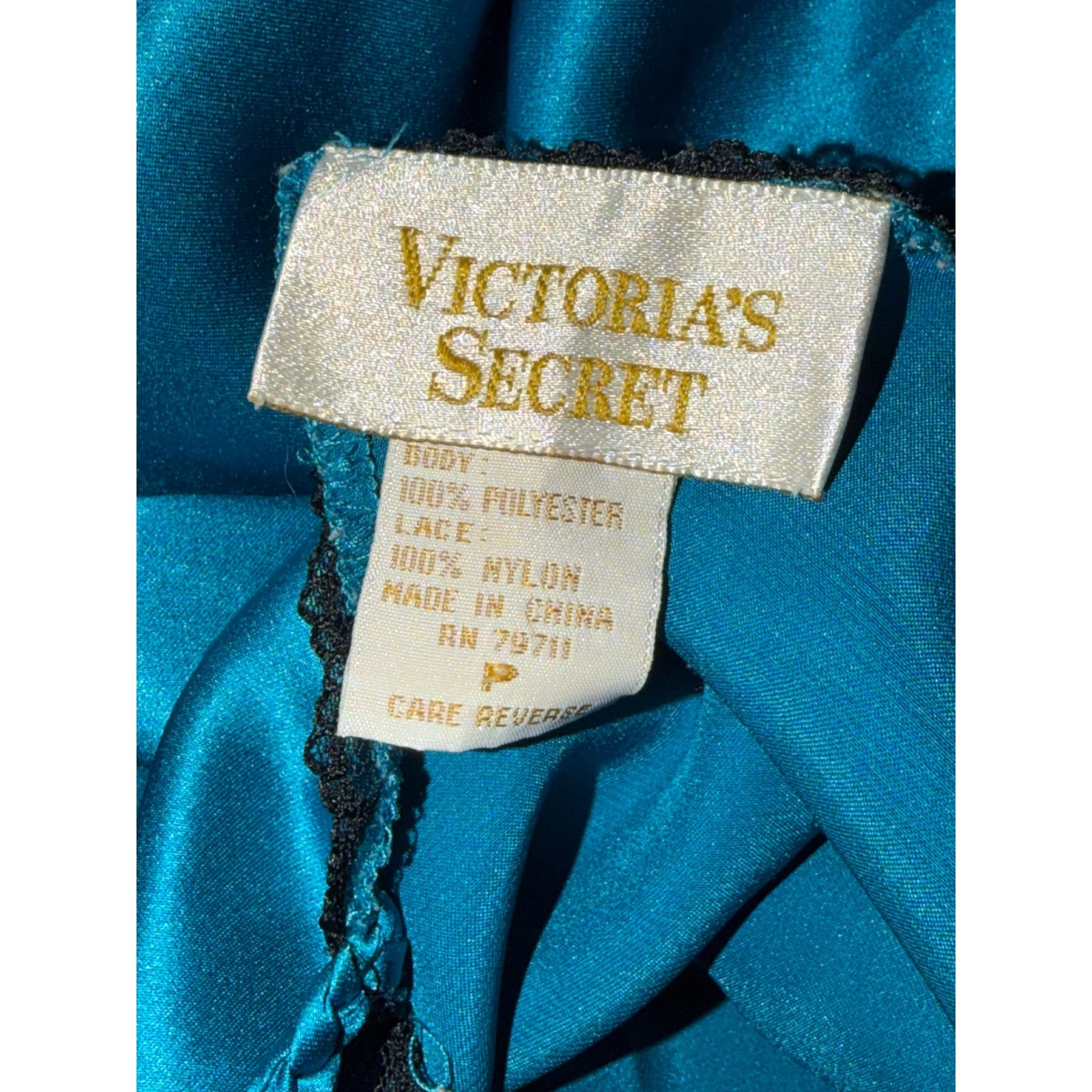Vintage Victoria’s Secret Blue Satin Lace Trim Slip Dress Size P 90s Nighty